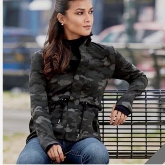 CAbi #3911 ATC Jacket Black Gray Camo Cinch Drawstring Waist Zip Military ~Small - Picture 1 of 14